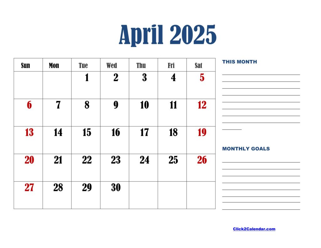 April 2025 Calendar Landscape with Goals