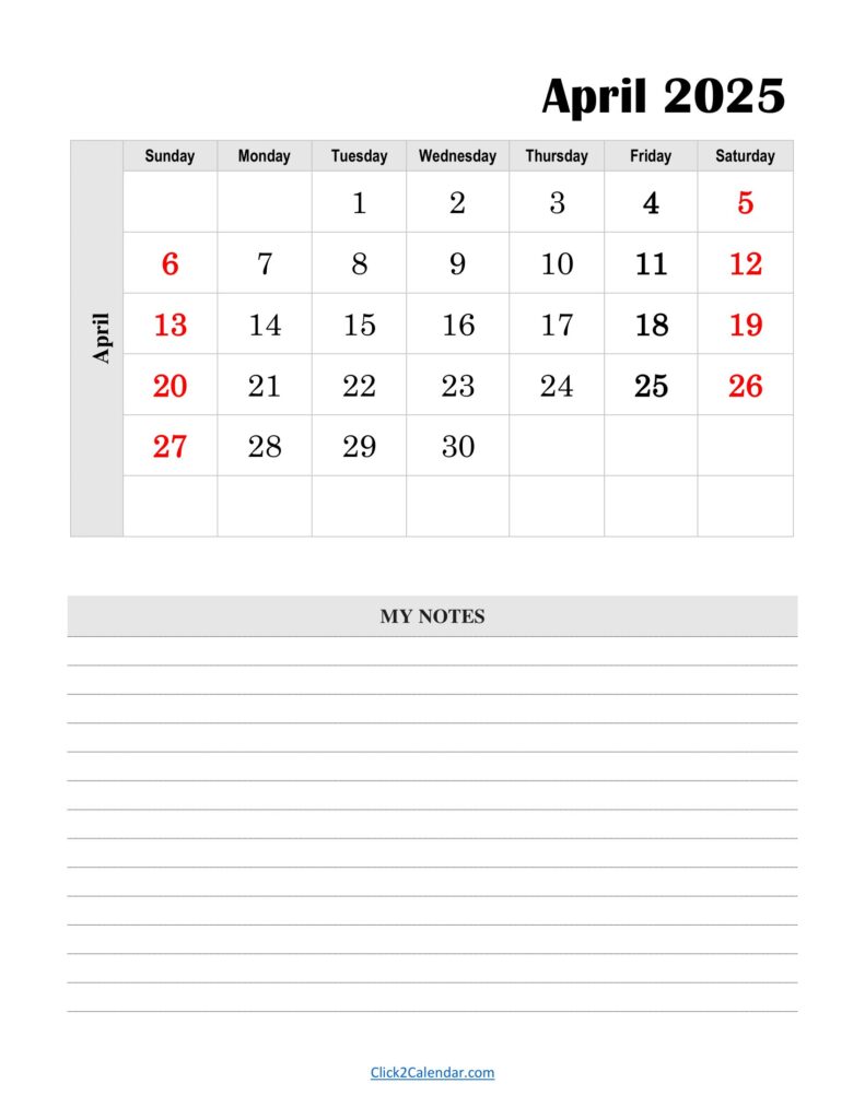 April 2025 Calendar Vertical With Notes