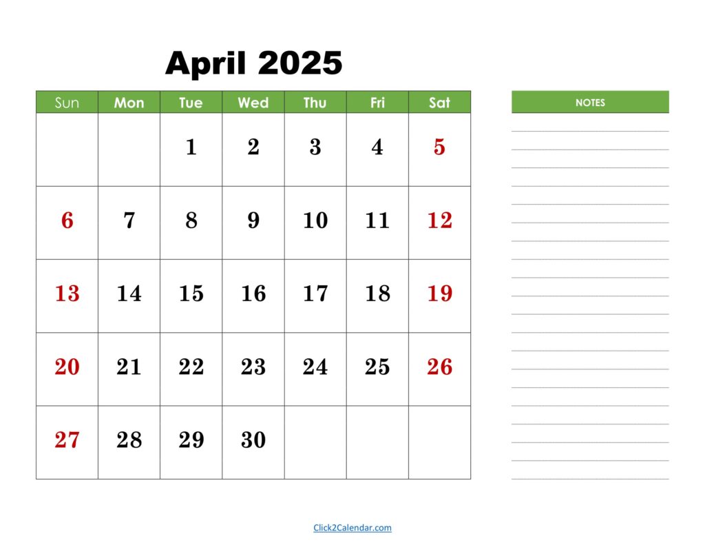 April 2025 Calendar with Notes