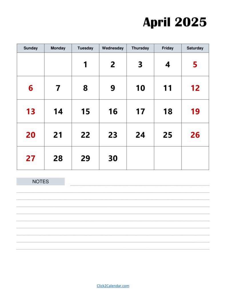 April 2025 Calendar with Notes Portrait