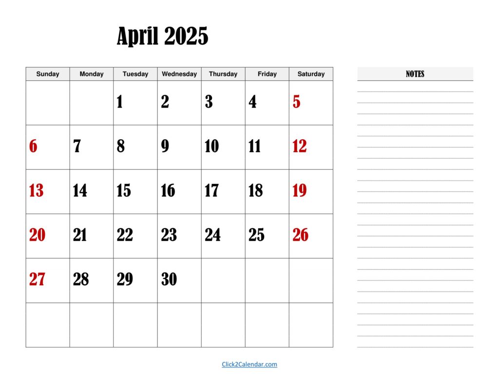 April 2025 Landscape Calendar with Notes