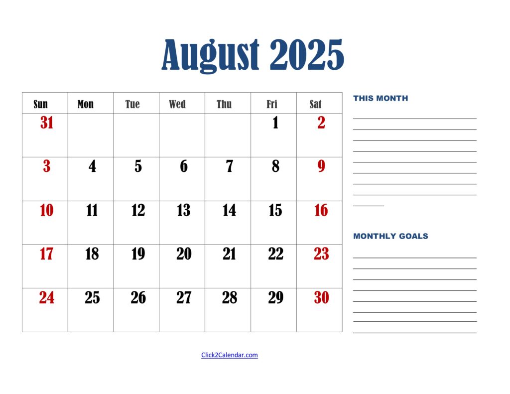 August 2025 Calendar Landscape with Goals