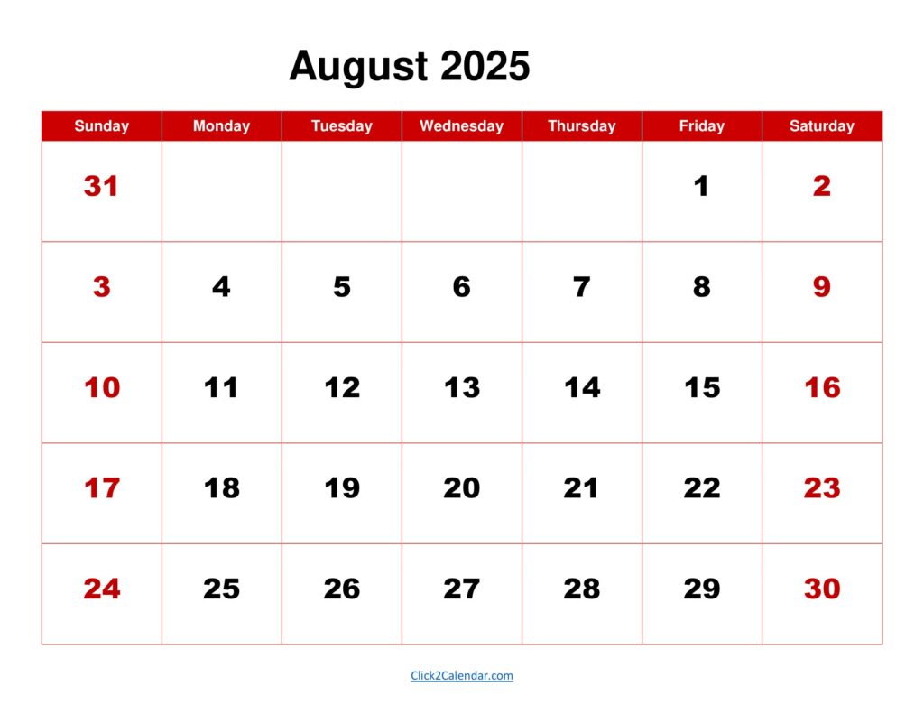 August 2025 Calendar Red Background