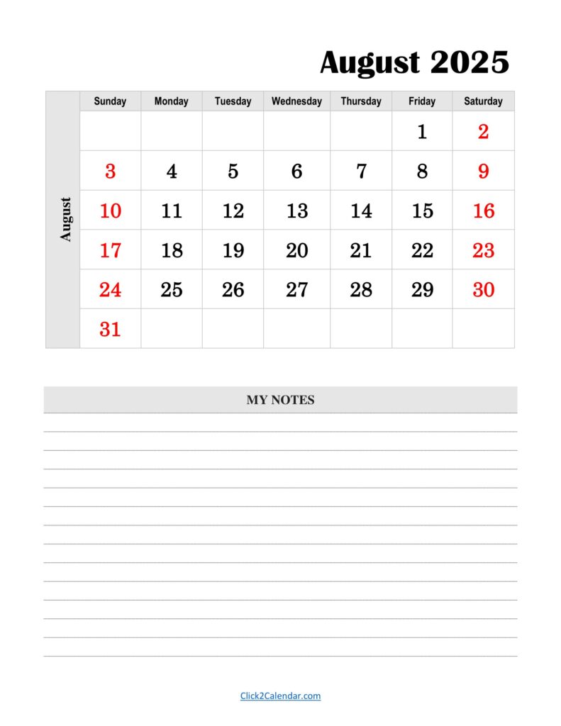 August 2025 Calendar Vertical With Notes