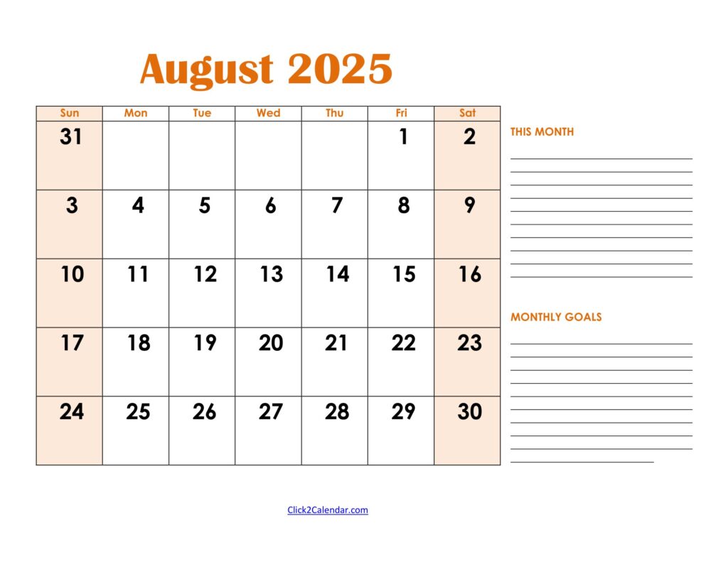 August 2025 Calendar with Goals