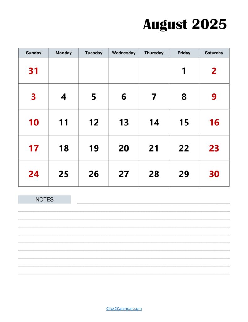August 2025 Calendar with Notes Portrait