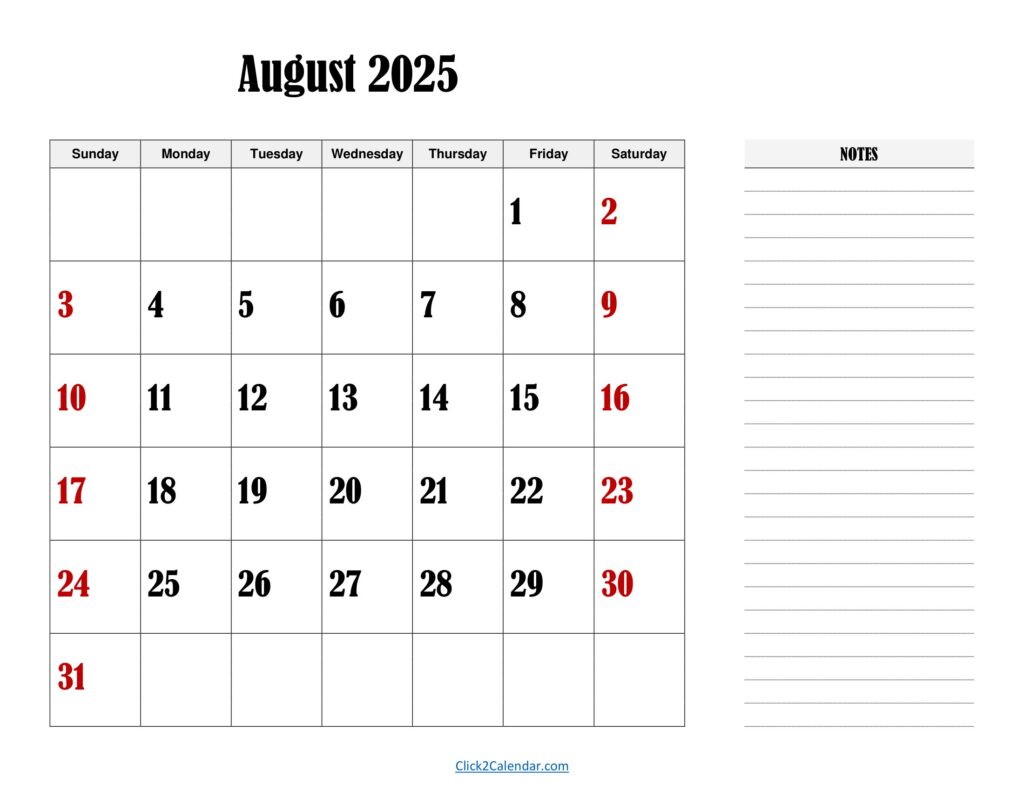 August 2025 Landscape Calendar with Notes