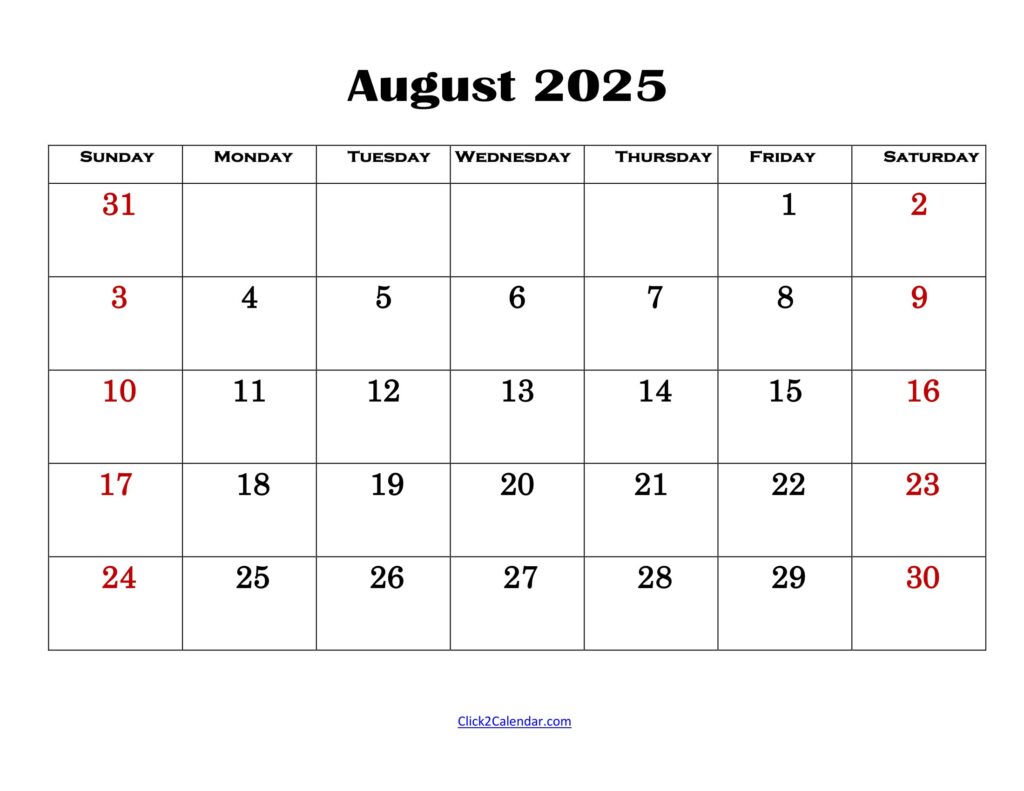 August 2025 Simple Calendar