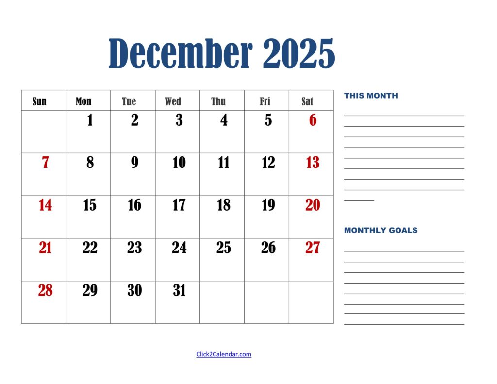December 2025 Calendar Landscape with Goals