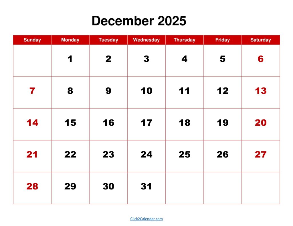 December 2025 Calendar Red Background