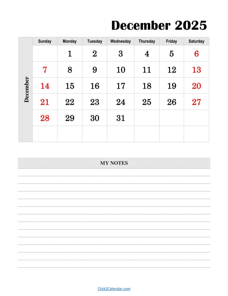 December 2025 Calendar Vertical With Notes