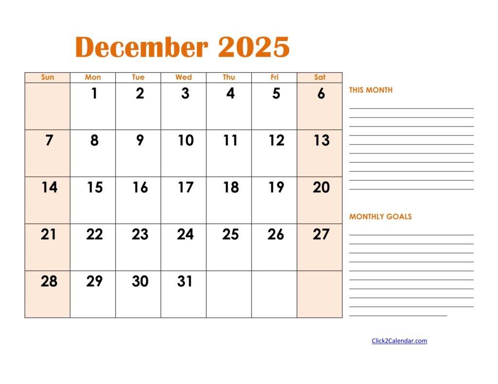 December 2025 Calendar with Goals