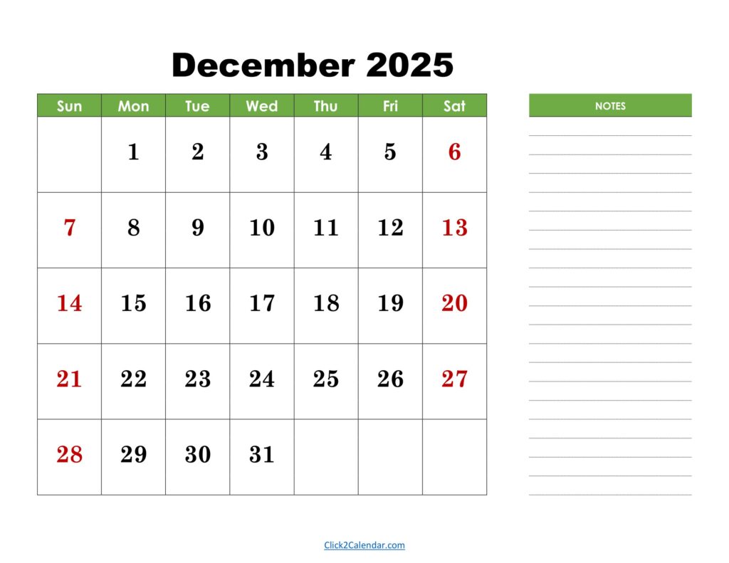 December 2025 Calendar with Notes