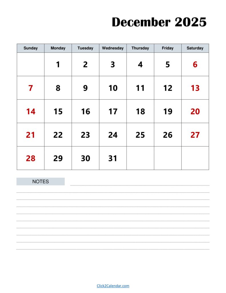 December 2025 Calendar with Notes Portrait