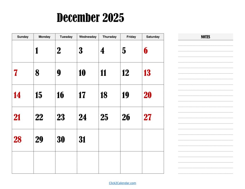 December 2025 Landscape Calendar with Notes