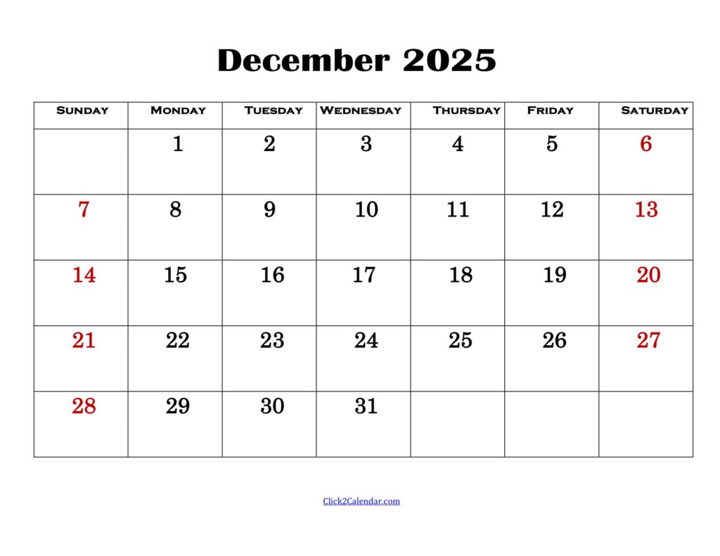 December 2025 Simple Calendar
