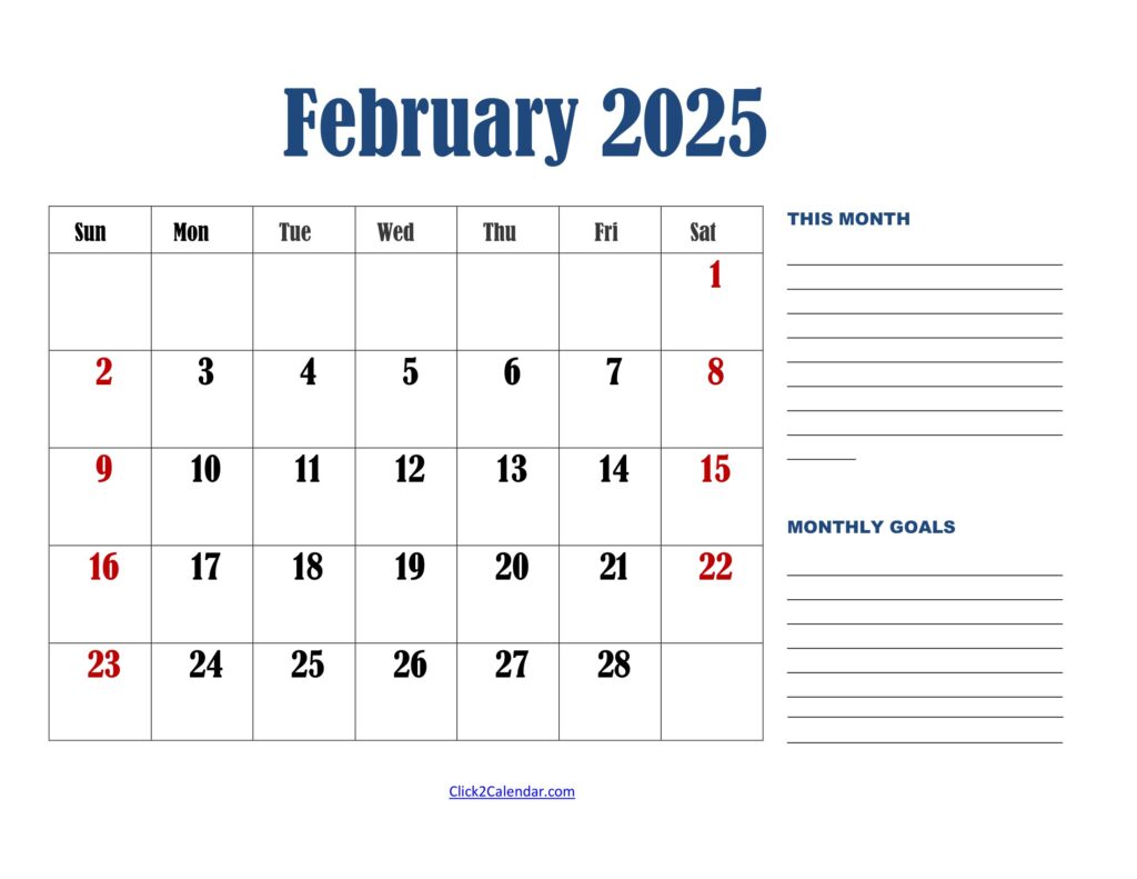 February 2025 Calendar Landscape with Goals