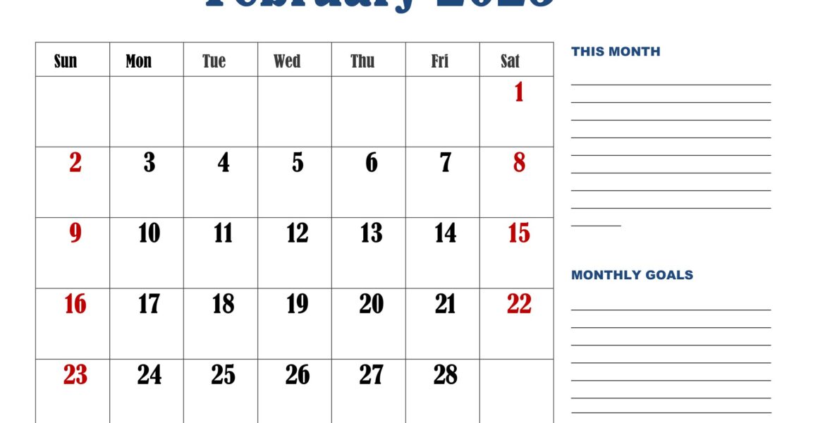 February 2025 Calendar Landscape with Goals