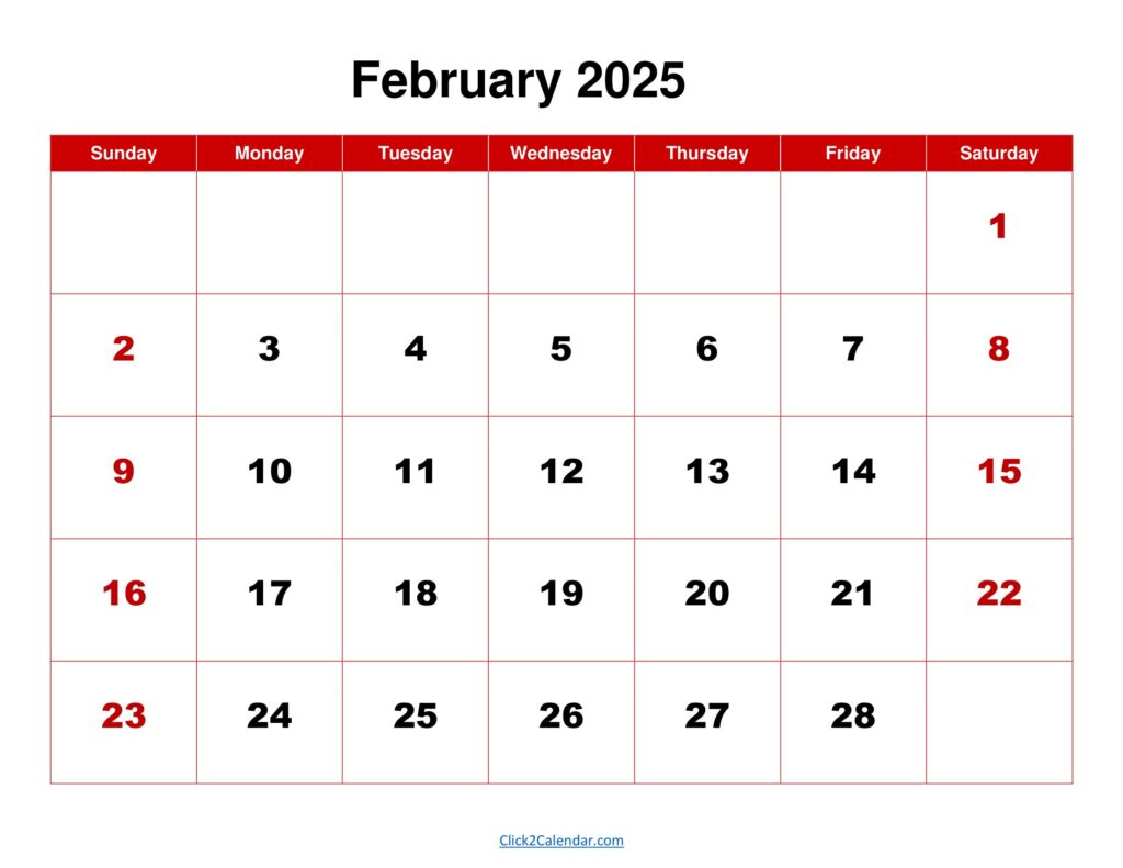 February 2025 Calendar Red Background