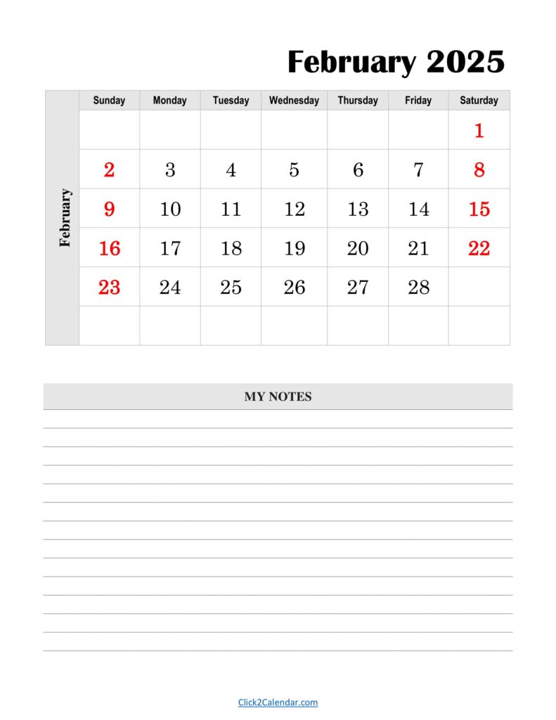February 2025 Calendar Vertical With Notes