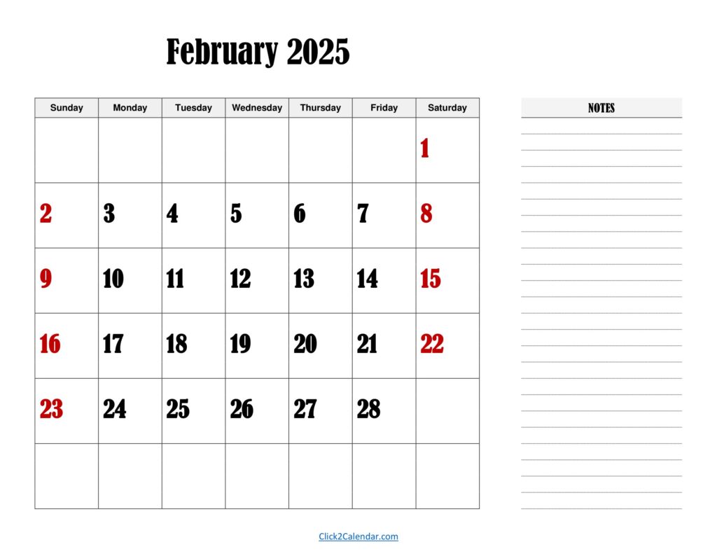 February 2025 Landscape Calendar with Notes