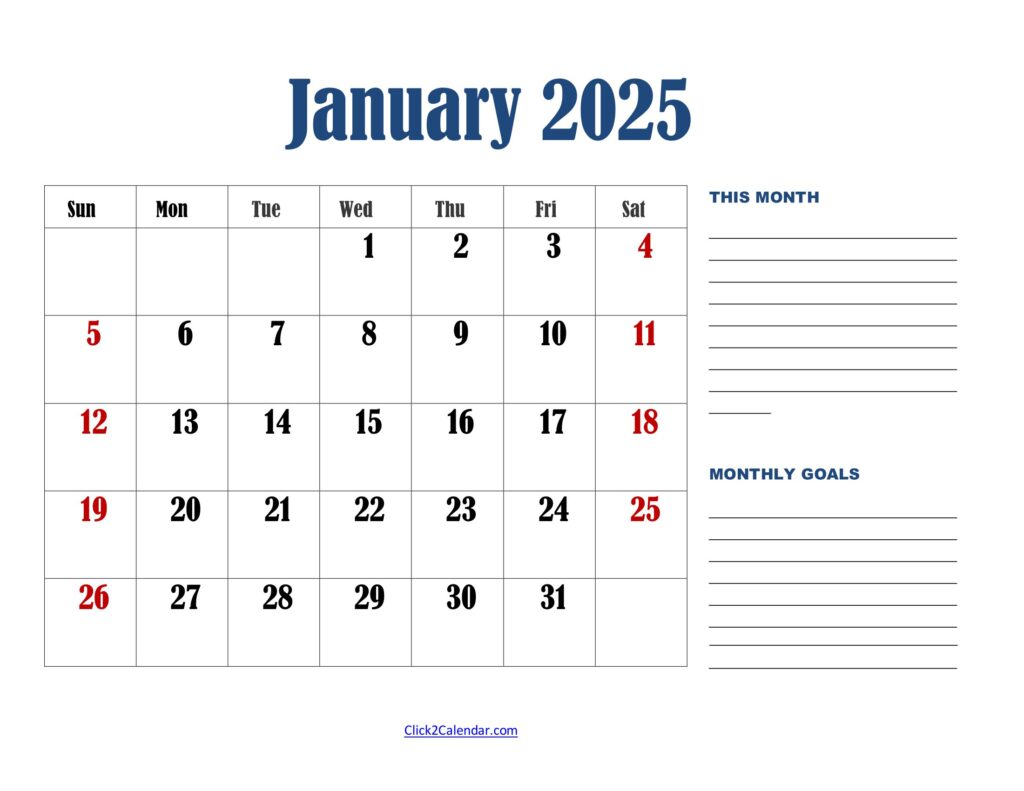 January 2025 Calendar Landscape with Goals