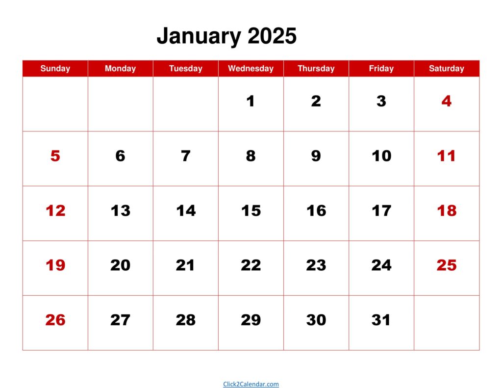 January 2025 Calendar Red Background