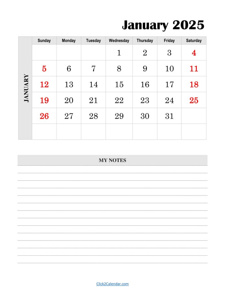 Free Printable January 2025 Calendar Vertical With Notes