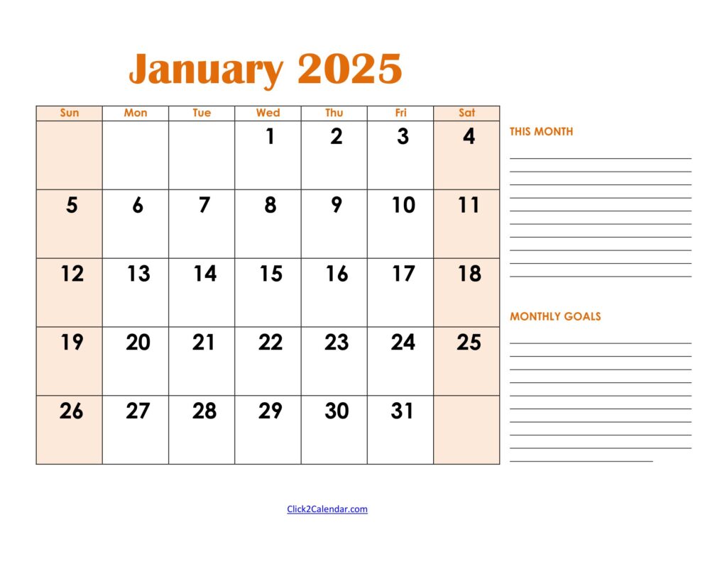 Free Printable January 2025 Calendar with Goals