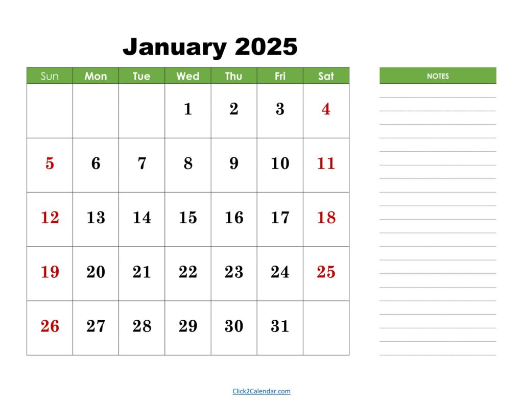 January 2025 Calendar with Notes
