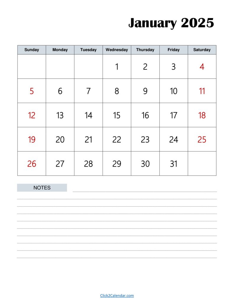 Free January 2025 Calendar with Notes Portrait