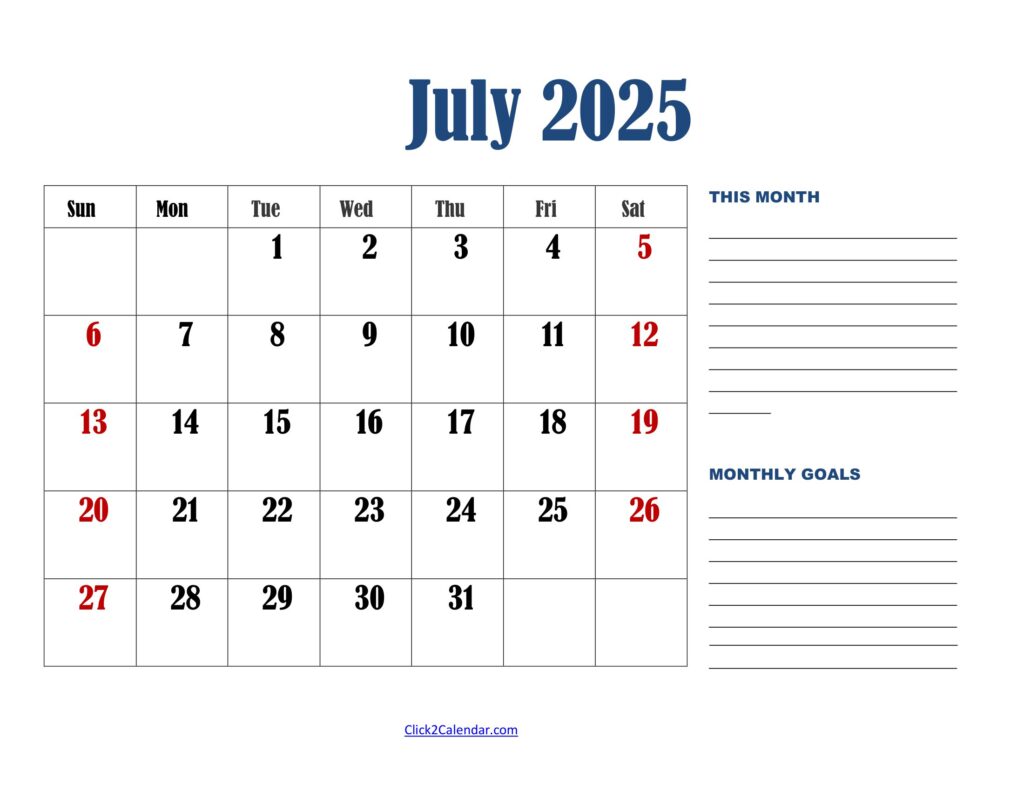 July 2025 Calendar Landscape with Goals