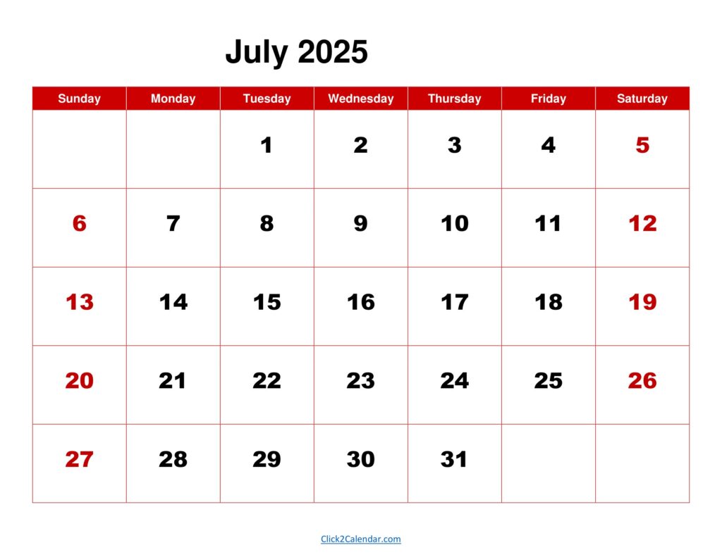 July 2025 Calendar Red Background