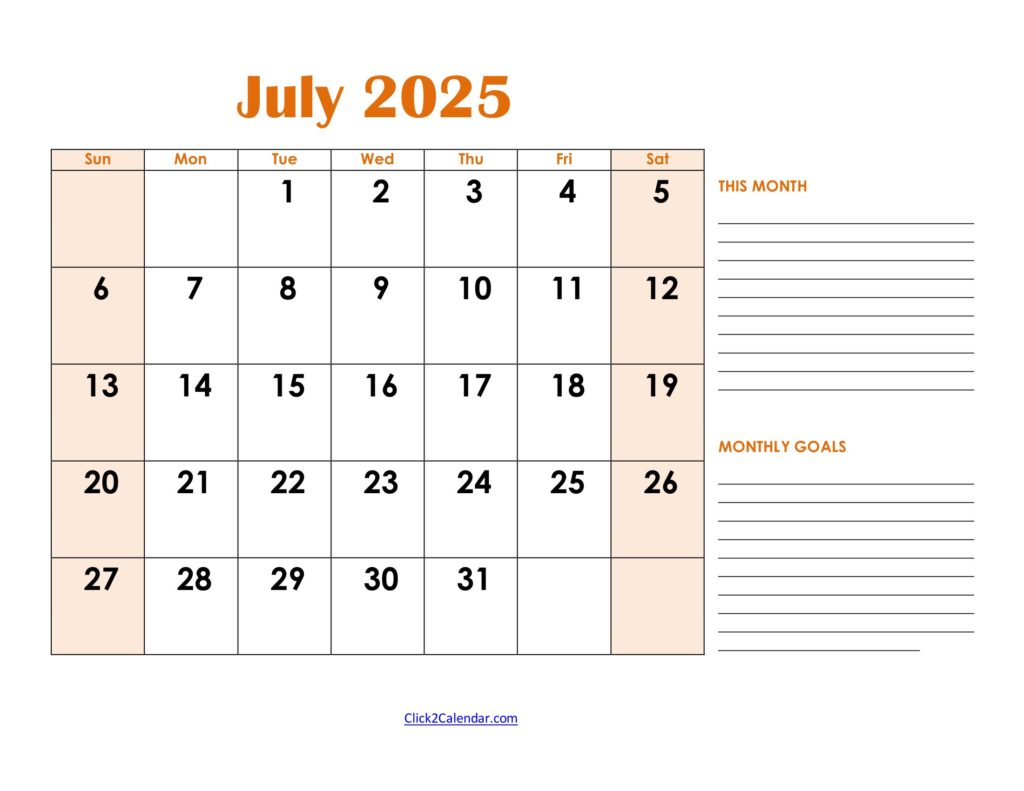 July 2025 Calendar with Goals