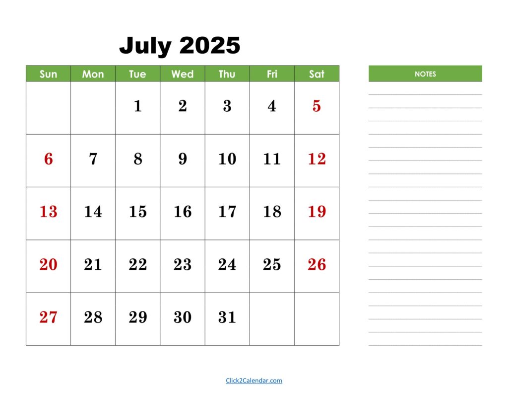July 2025 Calendar with Notes