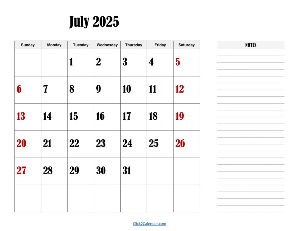 July 2025 Landscape Calendar with Notes