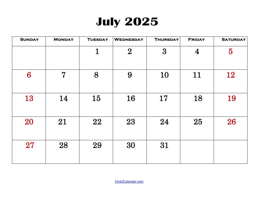 July 2025 Simple Calendar
