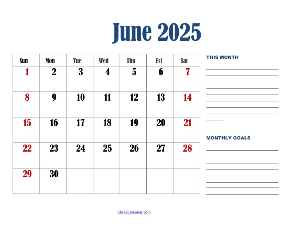 June 2025 Calendar Landscape with Goals