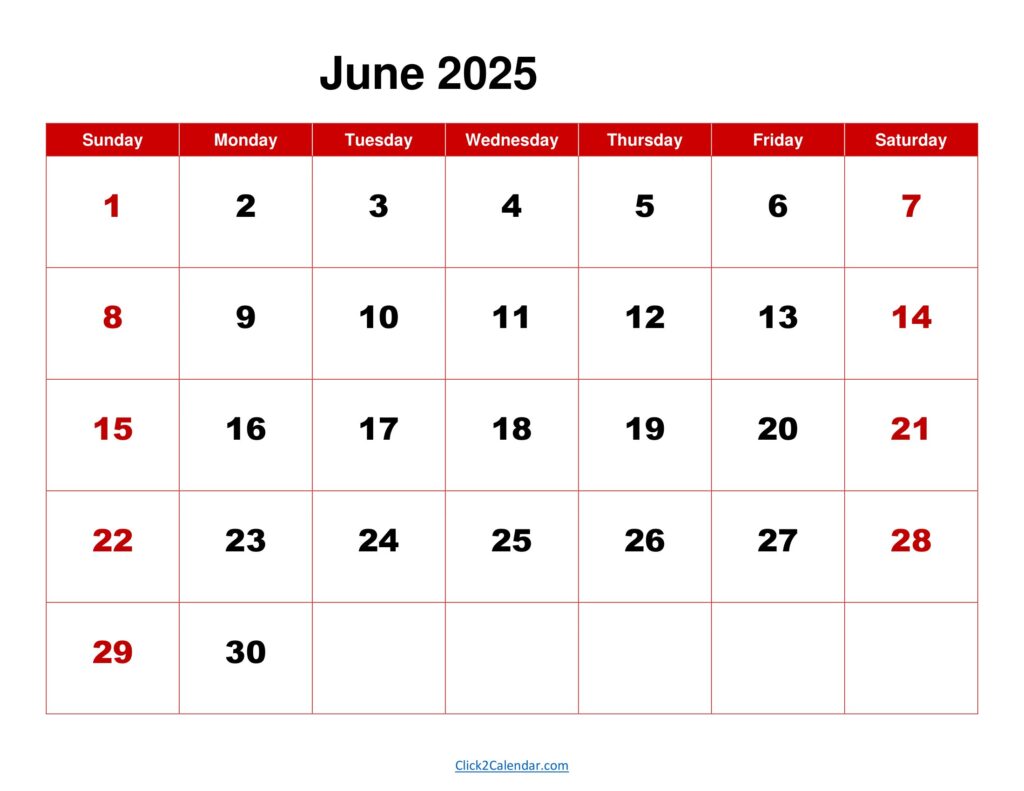 June 2025 Calendar Red Background
