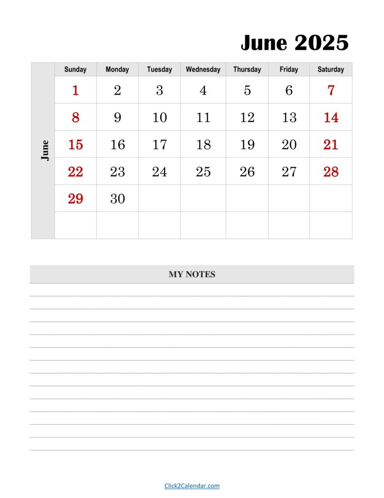 June 2025 Calendar Vertical With Notes