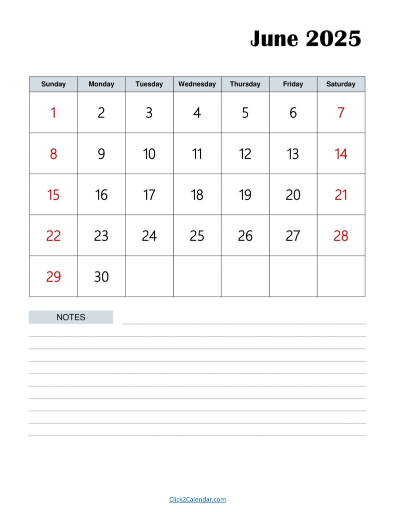 June 2025 Calendar with Notes Portrait