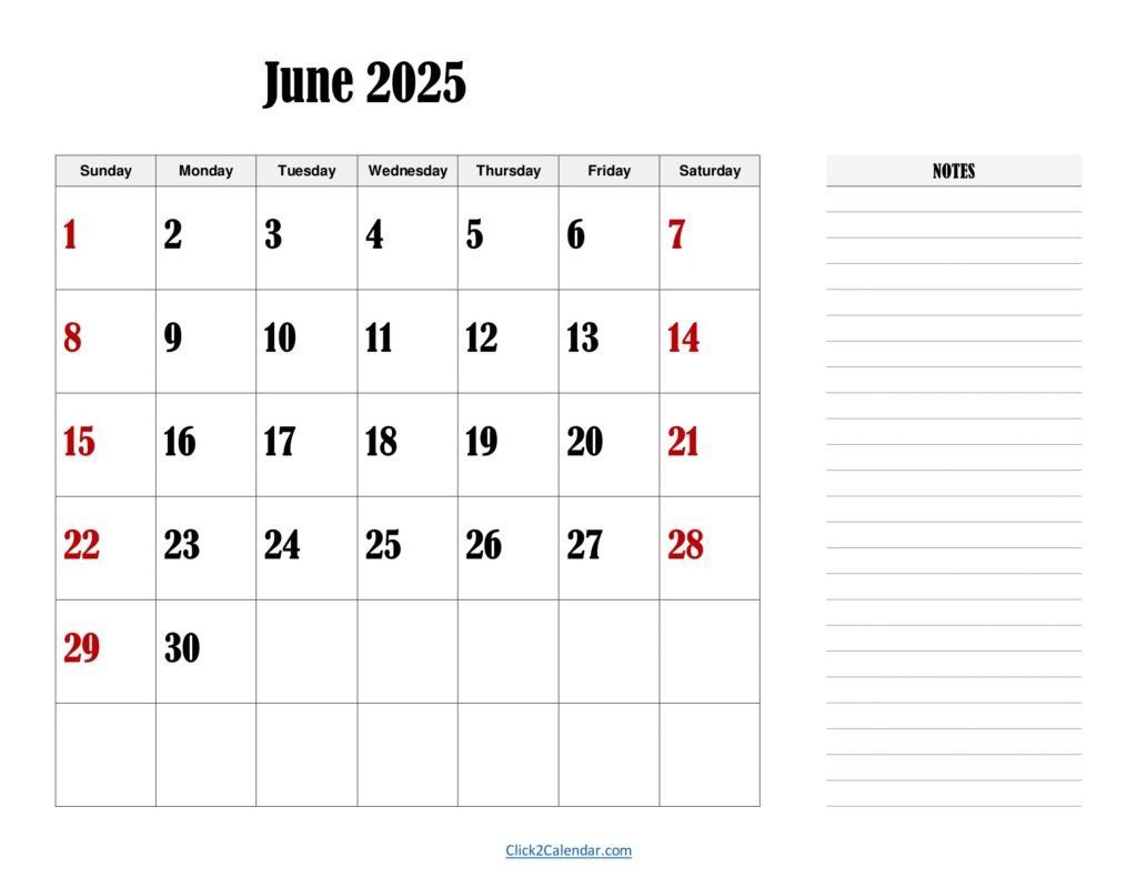 June 2025 Landscape Calendar with Notes