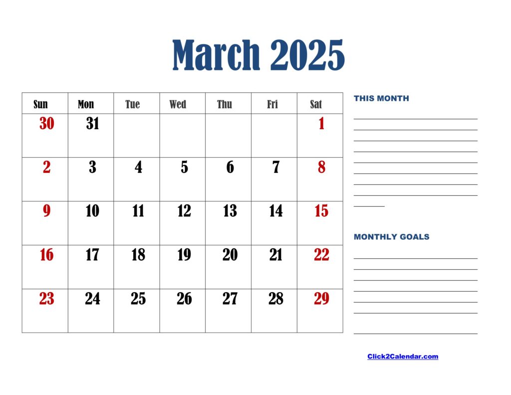 March 2025 Calendar Landscape with Goals