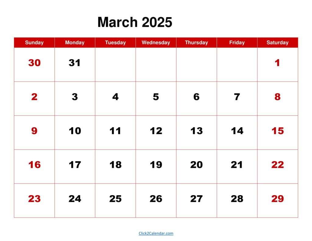 March 2025 Calendar Red Background