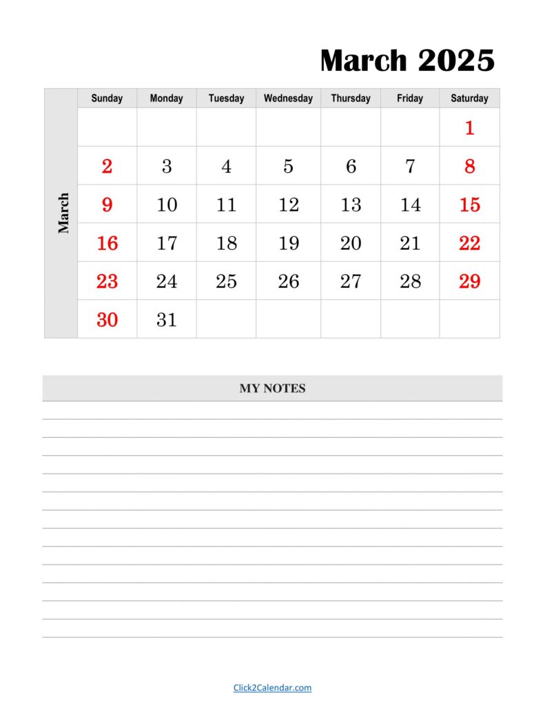 March 2025 Calendar Vertical With Notes