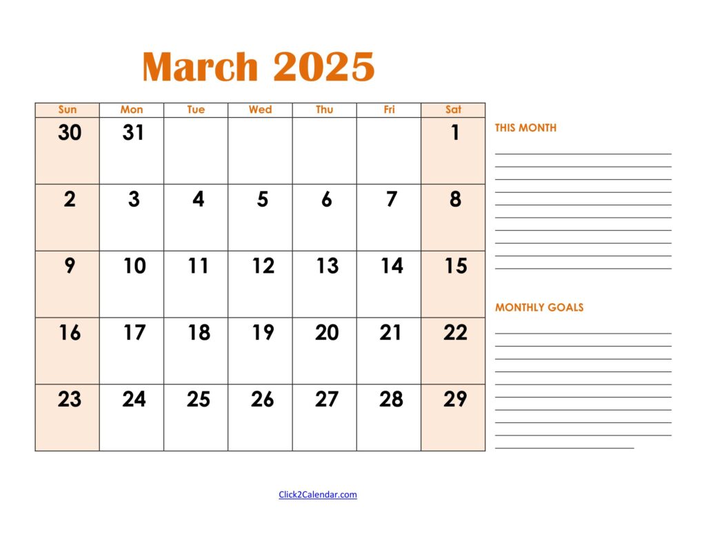 March 2025 Calendar with Goals