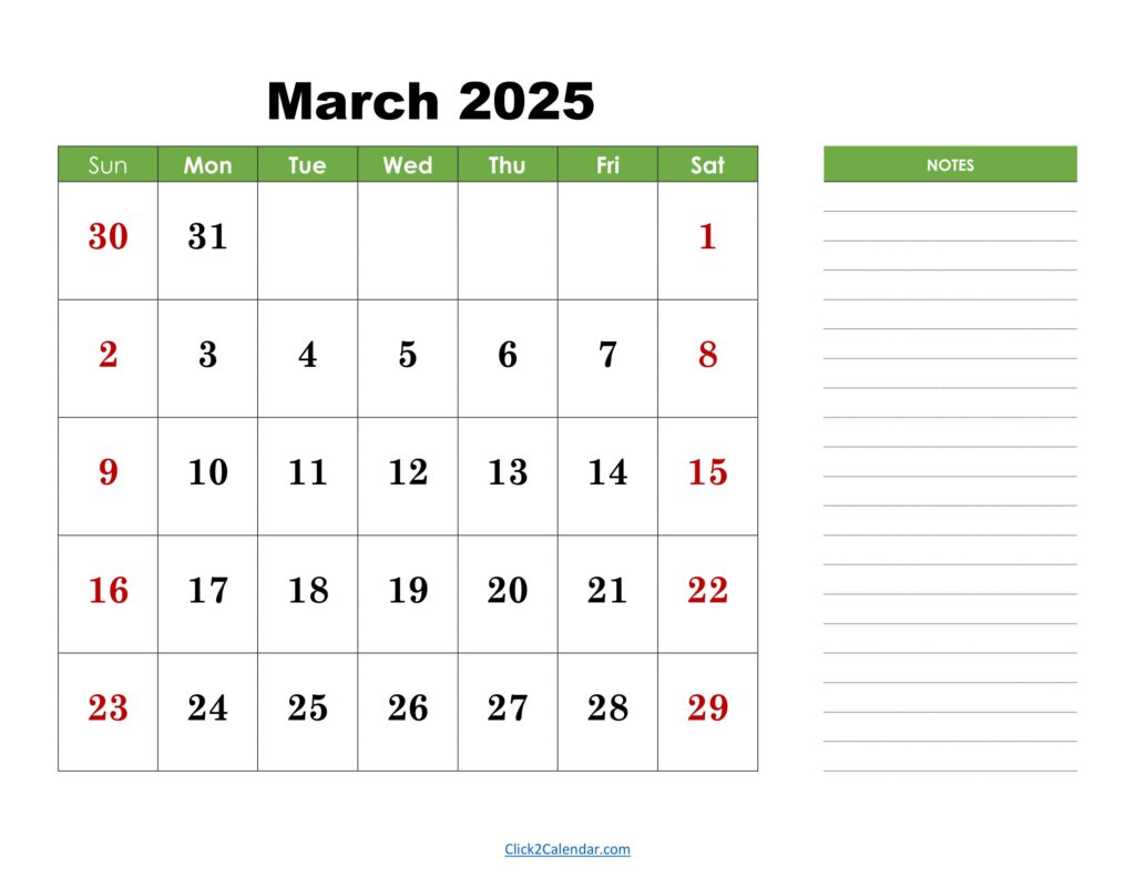 March 2025 Calendar with Notes