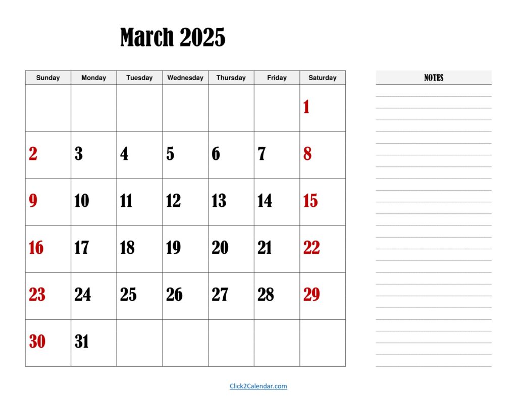 March 2025 Landscape Calendar with Notes
