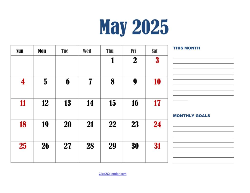 May 2025 Calendar Landscape with Goals
