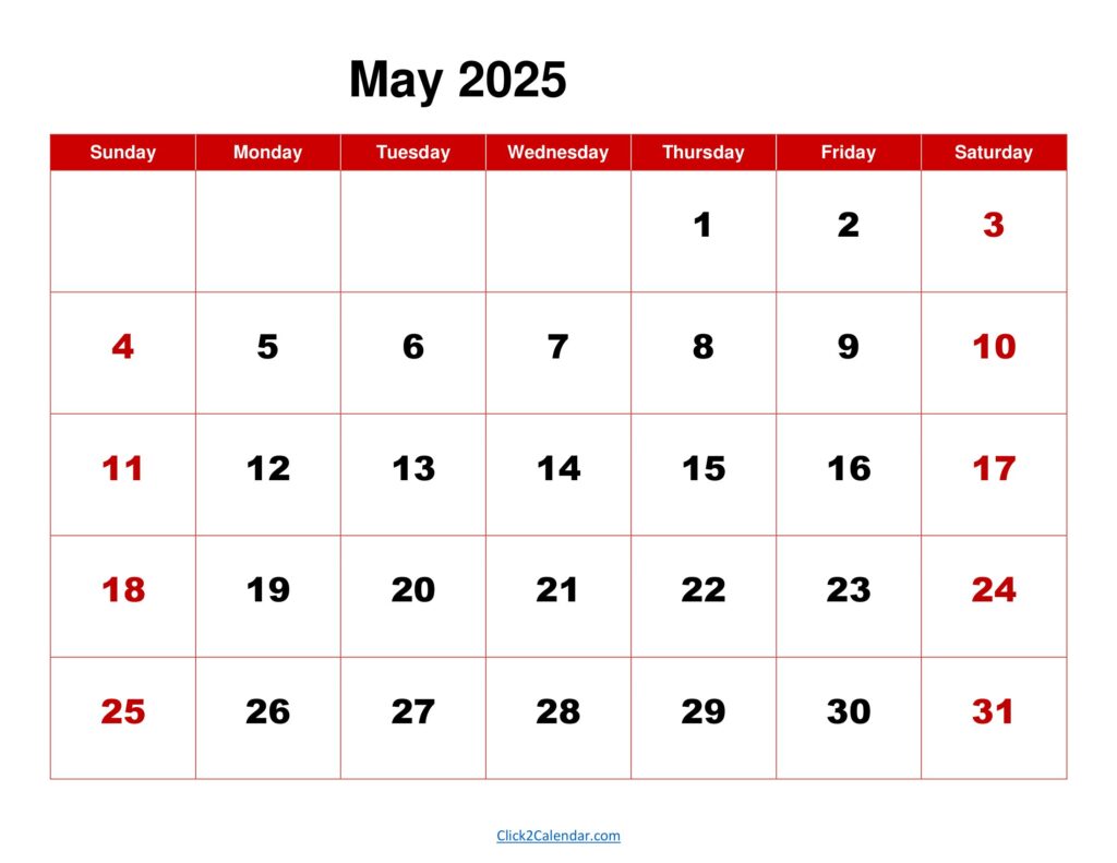 May 2025 Calendar Red Background